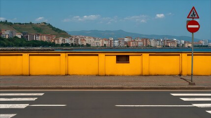 Yellow wall bordering a city street.