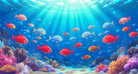 Vibrant Underwater World with Colorful Fish Swimming in a Bright Coral Reef Ecosystem and Sun R