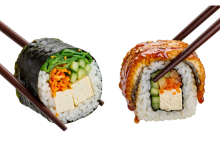 Two delicious sushi rolls held by chopsticks against a stark black background isolated on transparent background