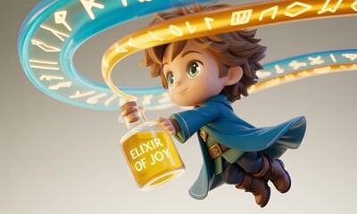 Whimsical Cartoon Character Flying with Elixir of Joy Potion and Enchanting Magical Glowing Rin