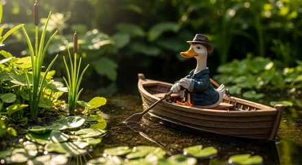 Whimsical Duck Character in Rowboat on Tranquil Pond at Golden Hour  Serene Nature Adventure a