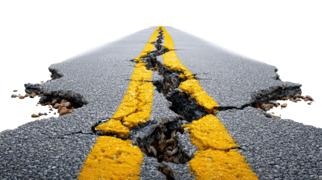 Cracked Road: A stark and dramatic image of a cracked road with prominent yellow lines, emphasizing the visual impact of damage and disruption.