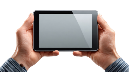 Hands Holding a Tablet: A close-up shot of hands holding a sleek tablet, the screen gleaming with a blank display, suggesting potential for diverse digital content consumption.