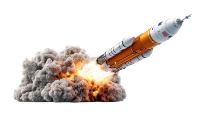 Blast Off: A monumental rocket thunders skyward, its powerful engines unleashing a fiery plume of smoke and energy in a display of innovation and progress.