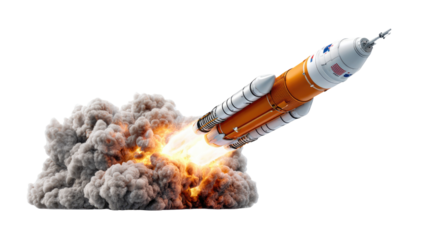 Blast Off: A monumental rocket thunders skyward, its powerful engines unleashing a fiery plume of smoke and energy in a display of innovation and progress.