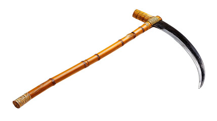Scythe with Bamboo Handle: A finely crafted scythe, the sharp steel blade glinting with precision, complemented by the rustic charm of a bamboo handle, evokes images of traditional craftsmanship.