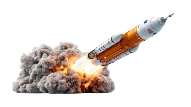 Blast Off: A monumental rocket thunders skyward, its powerful engines unleashing a fiery plume of smoke and energy in a display of innovation and progress.