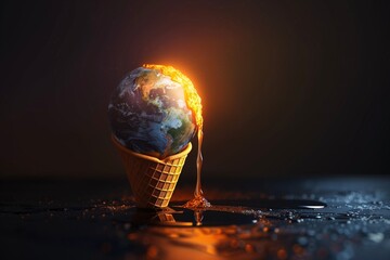 Realistic planet Earth melting like ice cream cone, dripping in heat, global warming climate crisis concept, dramatic lighting.
