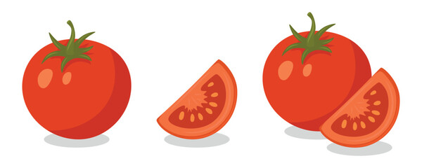 Flat Cartoon Vector Tomato Whole and Sliced for Cooking and Salad Preparation. Fresh Tomato Cut into Wedges. Organic Tomato Illustration with Seeds. Healthy Food, Vegan Menu, Culinary Design