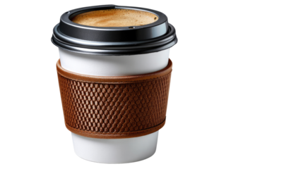 Coffee Cup Ready to go: An eye-level shot of a warm cup of coffee. The rich, dark beverage is complemented by a brown sleeve for handling. With a sleek black lid.