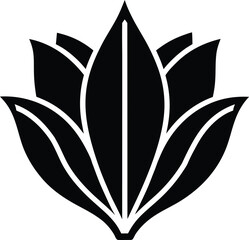 Black stylized lotus flower graphic with white outlines black and white floral