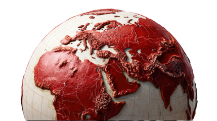 World Globe's Earth Tones: A close-up shot of a globe, showcasing a unique color palette of red and cream, emphasizing geographical features and the world's continents in a stylized, artistic manner.