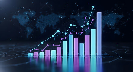 Growing bar graphs on dark background with world map, digital lines