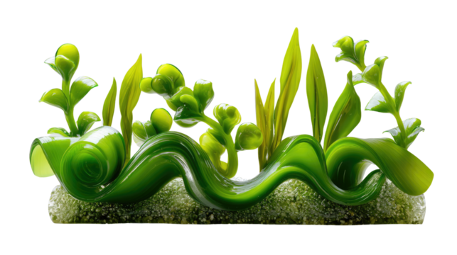 Serene Aquatic Life: A mesmerizing depiction of underwater plant life, with vibrant green vegetation dancing in the imaginary current, all set against a simple backdrop.