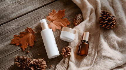 Autumnal Skincare Still Life with Serums, Creams, and Natural Elements on Wood & Knit Background