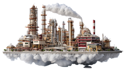 Industrial Landscape Amidst the Clouds: A complex industrial facility floats gently amidst a sea of clouds, emitting a plume of smoke into the atmosphere, a powerful visual metaphor for industry.