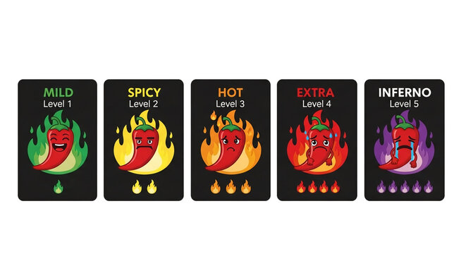 Chili Pepper Heat Levels 1-5 Cartoon Illustration.