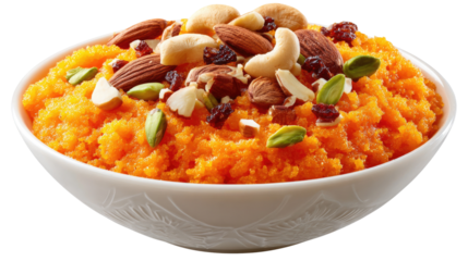 Gajar Halwa Dessert: A vibrant bowl of Gajar Halwa, a traditional Indian carrot pudding, is adorned with a generous scattering of assorted nuts and dry fruits.