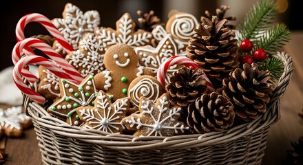 A wicker basket filled with christmas cookies candy canes and pine cones on a wooden surface