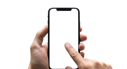 Showcase your modern app design on this phone with a blank screen held by hands on white background