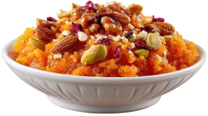 Sweet Delight: A delectable, close-up shot of a traditional dessert, featuring vibrant, textured grains and a generous topping of mixed nuts and subtle floral touches, served in an elegant bowl.