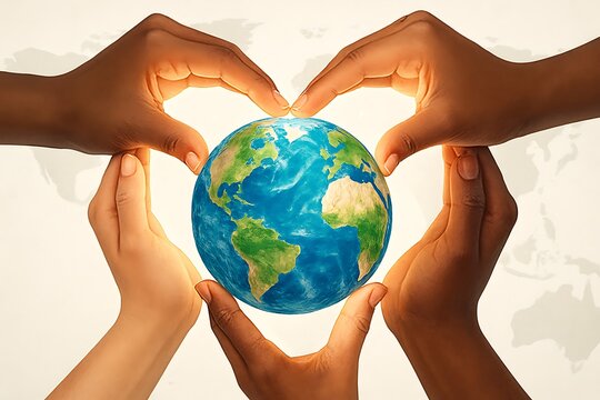 Diverse hands forming heart shape around planet earth globe