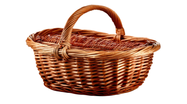 Woven Picnic Basket: An inviting woven picnic basket, meticulously crafted with interlaced brown willow, ready for a delightful outdoor adventure.