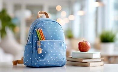 Light blue backpack with white polka dots, colored pencils and a red apple on a stack of books on a blurred background