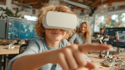 Smiling child wearing a virtual reality headset, pointing with excitement in a STEM classroom filled with innovative learning experiences