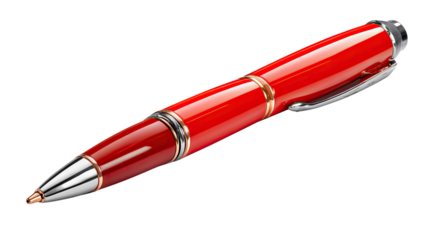 Radiant Red Pen: A close-up shot of an elegant red pen with polished metal accents against a clean backdrop. Capturing sophistication and refinement.