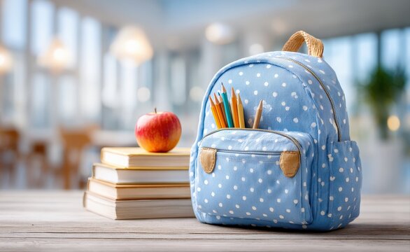 Light blue backpack with white polka dots, colored pencils and books on a wooden table in a school classroom setting
