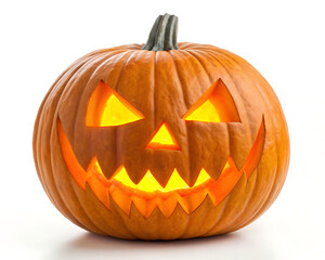 A single carved orange jack o lantern with a smiling face on a white background for halloween season
