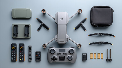 Flat lay of a drone pilot's case: drone, controller, spare propellers, and lens cloth on a matte silver surface. stock image,