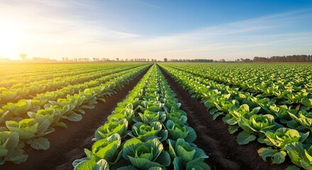 Fototapeta premium Lush green cabbage plants in rows on a vast farm field at sunrise