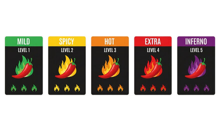 Spicy Heat Level Chart with Chili Peppers and Flames Illustration.