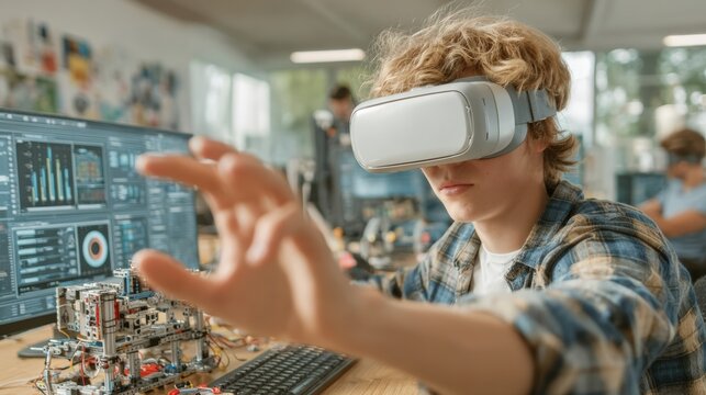 Young engineer wearing vr headset is interacting with virtual reality and controlling a robot in a classroom