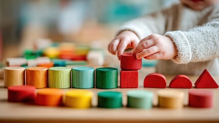 Baby playing with colorful wooden building blocks, stacking them on a table, developing fine motor skills and hand eye coordination
