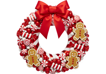 Christmas wreath decorated with red candies and gingerbread cookies  isolate