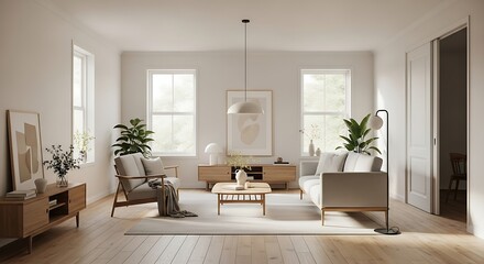 A bright and airy modern living room featuring minimalist furniture, natural light, and subtle decor, creating a serene and inviting atmosphere.