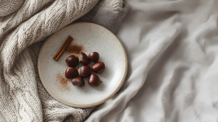Cozy fall scene with nuts and cinnamon stick. Gentle beige tones evoke warmth. Natural ingredients.