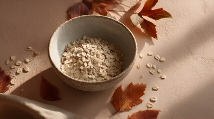 Oats in a bowl, scattered on a textured surface with autumn leaves and soft light. Healthy breakfast.
