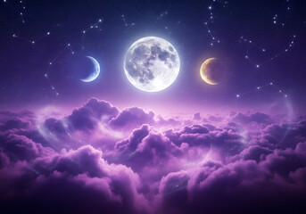 Mystical night sky with three moons above clouds