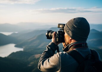 Obraz premium Rear View of Outdoor Photographer Capturing Mountain Landscape at Golden Hour – Travel Photography Scene Featuring DSLR Camera, Scenic Vista, and Adventure Gear in Serene Wilderness