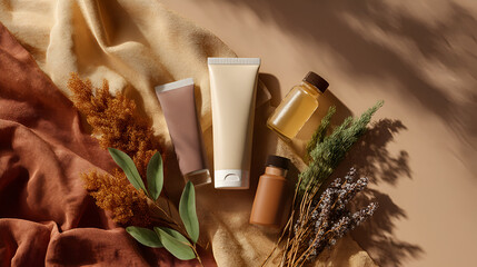 Earth-toned skincare: Bottles & tubes arranged among draped fabric & dried foliage in warm, natural light.