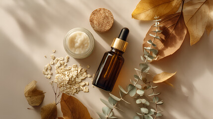 Natural skincare products on a beige surface with leaves, creating a calming and aesthetic scene.