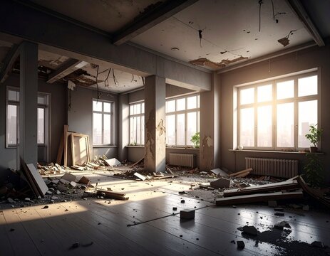 Interior de edificio abandonado con da&ntilde;os estructurales y escombros
