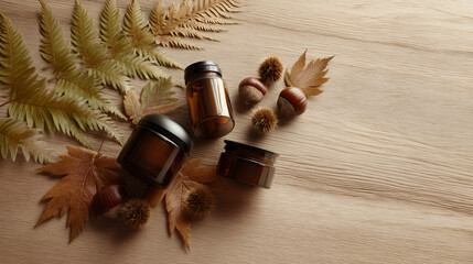 Autumn serenity: Cosmetic jars surrounded by leaves and chestnuts create a natural, seasonal wellness vibe.