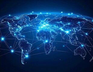 Global Data Network: Dynamic Abstract Flowing Lines & Continents. Connectivity, Communication & Big Data Concept