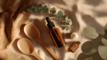 Natural Skincare Still Life: Amber bottles, wooden spoons, and eucalyptus sprigs on a soft background.