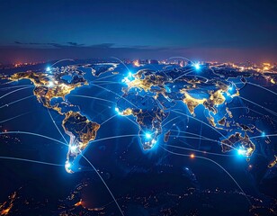 Global Data Network: Dynamic Abstract Flowing Lines & Continents. Connectivity, Communication & Big Data Concept